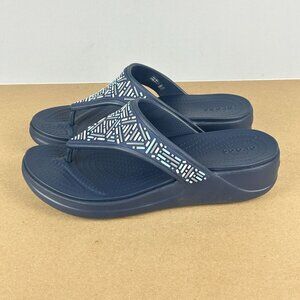 Crocs Monterey Wedge Toe Post Sandals Womens 10 Navy Blue White Casual